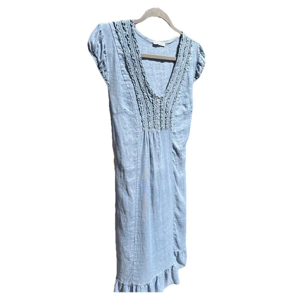 Modissima Made in Italy 100% Linen Blue Cap Sleeve Lined Ruffle Dress Size LARGE